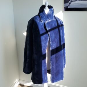 EUC Apparis Eloise Faux Fur Car Coat In Midnight/Indigo Blue Sz L/XL
